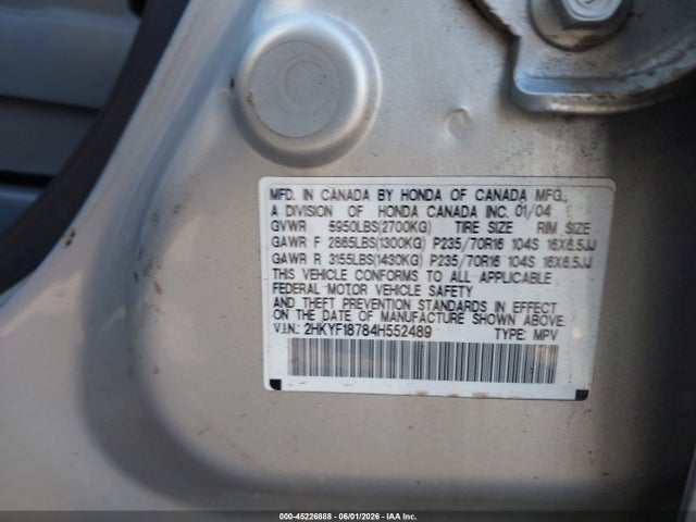 45226888 :رقم المزاد ، 2HKYF18784H552489 vin ، 2004 Honda Pilot Ex-l مزاد بيع