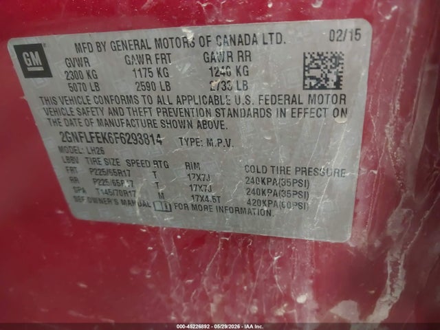 45226892 :رقم المزاد ، 2GNFLFEK6F6293814 vin ، 2015 Chevrolet Equinox 1lt مزاد بيع