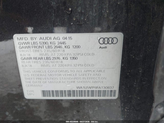 Продаж на аукціоні авто 2015 Audi Q5 2.0t Premium, vin: WA1LFAFP8FA130837, номер лоту: 45226896