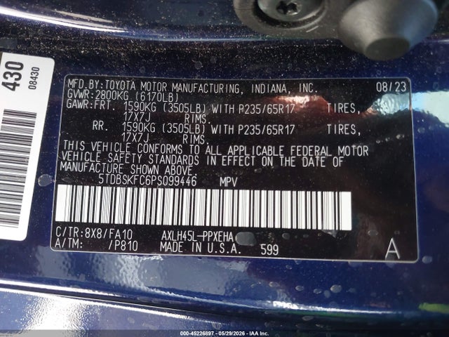 45226897 :رقم المزاد ، 5TDBSKFC6PS099446 vin ، 2023 Toyota Sienna Le مزاد بيع