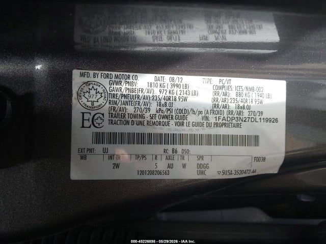 2013 Ford Focus Titanium მანქანა იყიდება აუქციონზე, vin: 1FADP3N27DL119926, აუქციონის ნომერი: 45226898