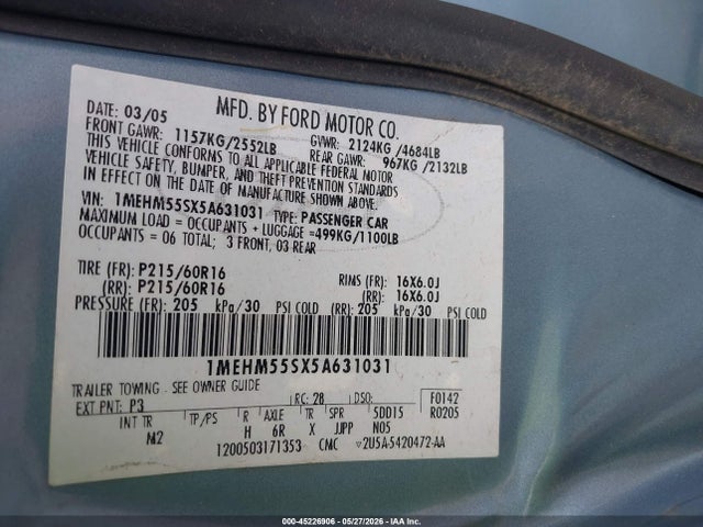 Продажа на аукционе авто 2005 Mercury Sable Ls, vin: 1MEHM55SX5A631031, номер лота: 45226906