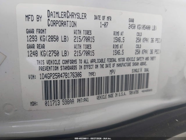 Aukcja sprzedaży 2007 Dodge Caravan Se, vin: 1D4GP25R47B176306, numer aukcji: 45226911