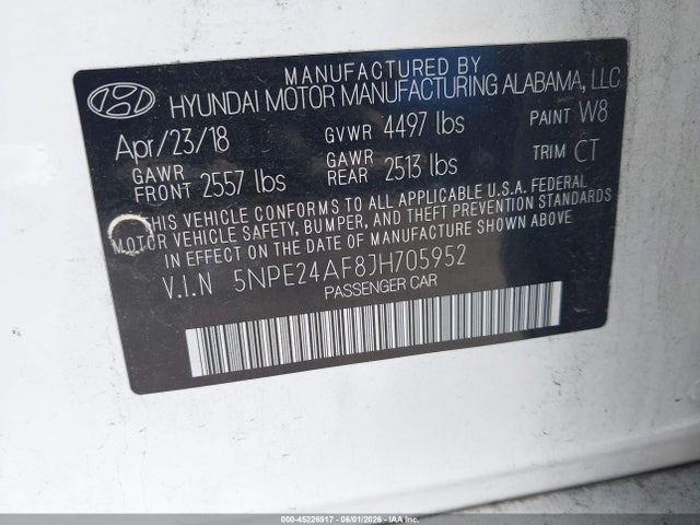 Aukcja sprzedaży 2018 Hyundai Sonata Se, vin: 5NPE24AF8JH705952, numer aukcji: 45226917