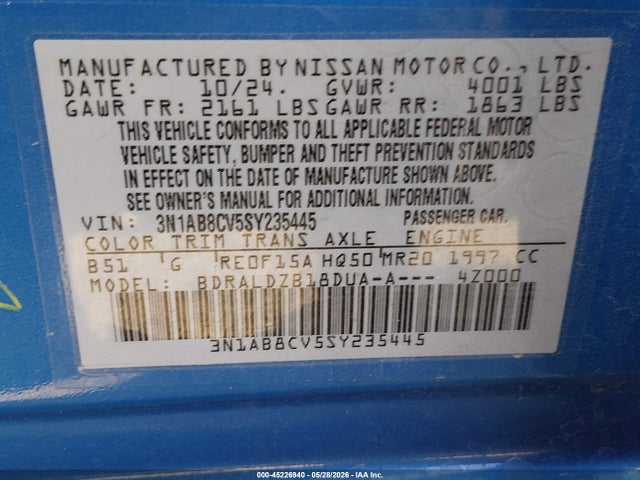 3N1AB8CV5SY235445 Nissan SENTRA SV
