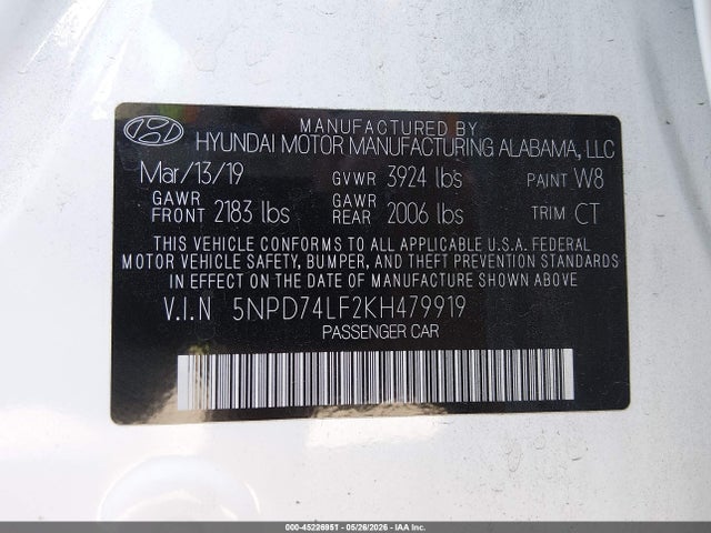 Aukcja sprzedaży 2019 Hyundai Elantra Se, vin: 5NPD74LF2KH479919, numer aukcji: 45226951