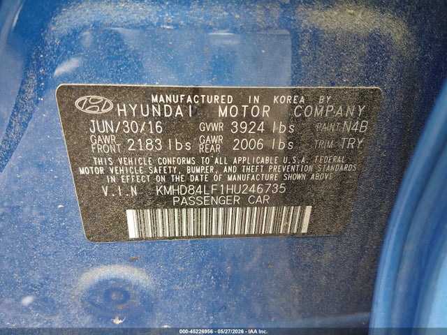 2017 Hyundai Elantra Value Edition მანქანა იყიდება აუქციონზე, vin: KMHD84LF1HU246735, აუქციონის ნომერი: 45226956