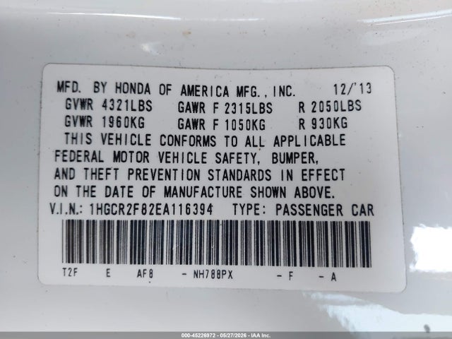 Продажа на аукционе авто 2014 Honda Accord Ex-l, vin: 1HGCR2F82EA116394, номер лота: 45226972
