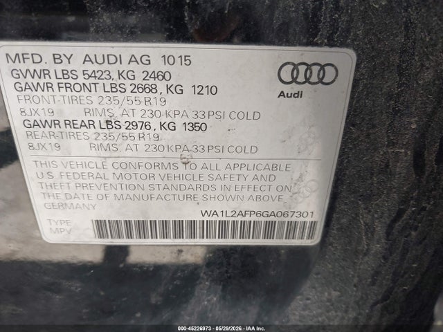 Продаж на аукціоні авто 2016 Audi Q5 2.0t Premium, vin: WA1L2AFP6GA067301, номер лоту: 45226973