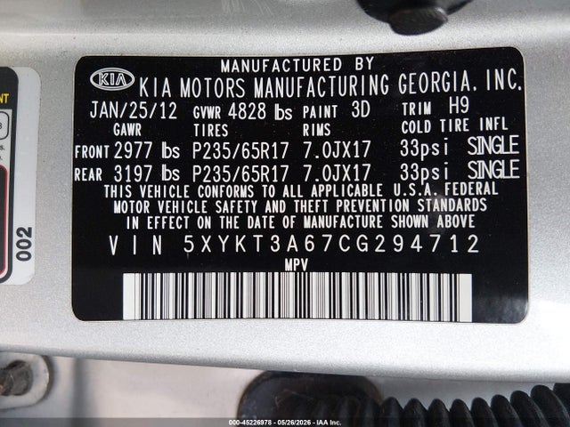 45226978 :رقم المزاد ، 5XYKT3A67CG294712 vin ، 2012 Kia Sorento Lx مزاد بيع