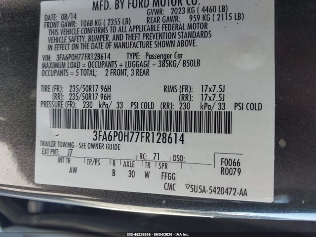 Продажа на аукционе авто 2015 Ford Fusion Se, vin: 3FA6P0H77FR128614, номер лота: 45226996