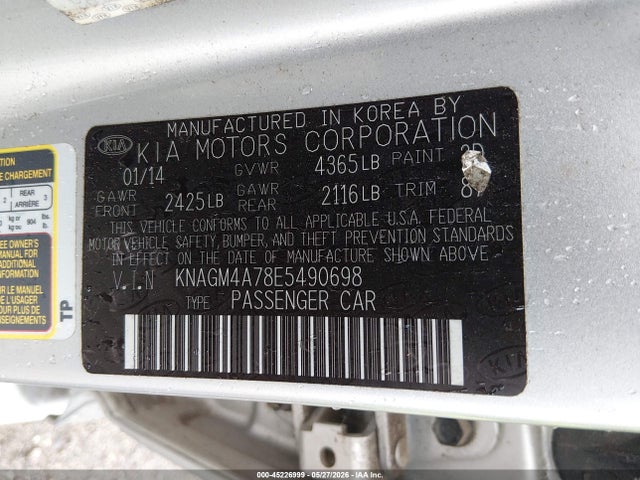 2014 Kia Optima Lx მანქანა იყიდება აუქციონზე, vin: KNAGM4A78E5490698, აუქციონის ნომერი: 45226999