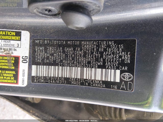 2016 Toyota Corolla Le მანქანა იყიდება აუქციონზე, vin: 2T1BURHE9GC533708, აუქციონის ნომერი: 45227000