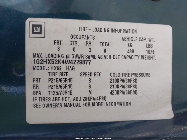 1998 Pontiac Bonneville Se მანქანა იყიდება აუქციონზე, vin: 1G2HX52K4W4229877, აუქციონის ნომერი: 45227004