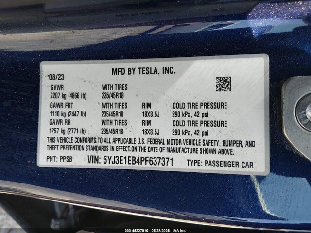 Aukcja sprzedaży 2023 Tesla Model 3 Long Range Dual Motor All-wheel Drive, vin: 5YJ3E1EB4PF637371, numer aukcji: 45227010