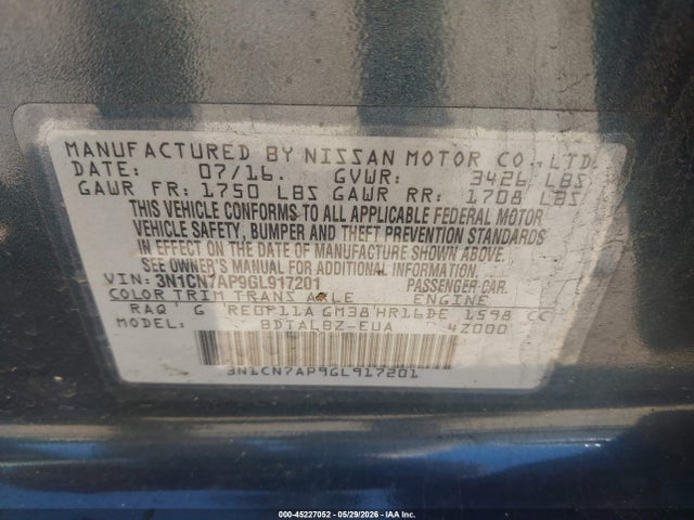 3N1CN7AP9GL917201 Nissan Versa 1.6 Sv
