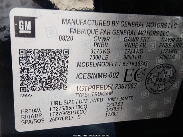45227057 :رقم المزاد ، 1GTP9EED5LZ367067 vin ، 2020 Gmc Sierra 1500 At4 مزاد بيع