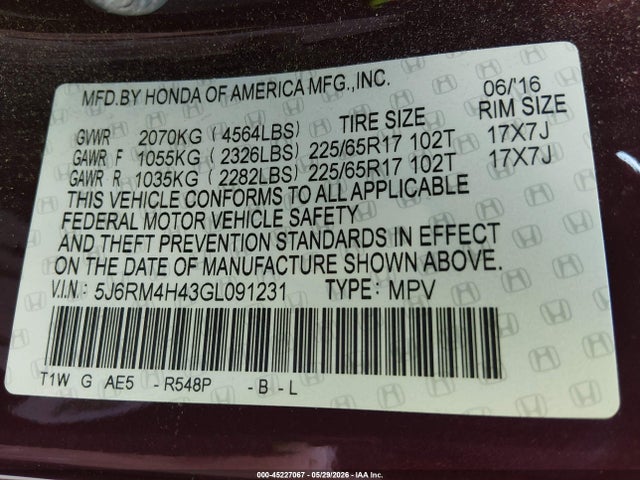 Aukcja sprzedaży 2016 Honda Cr-v Se, vin: 5J6RM4H43GL091231, numer aukcji: 45227067