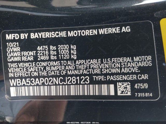 Aukcja sprzedaży 2022 Bmw 430i, vin: WBA53AP02NCJ28123, numer aukcji: 45227068