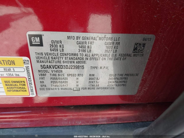 45227084 :رقم المزاد ، 5GAKVCKD3DJ239815 vin ، 2013 Buick Enclave Leather مزاد بيع