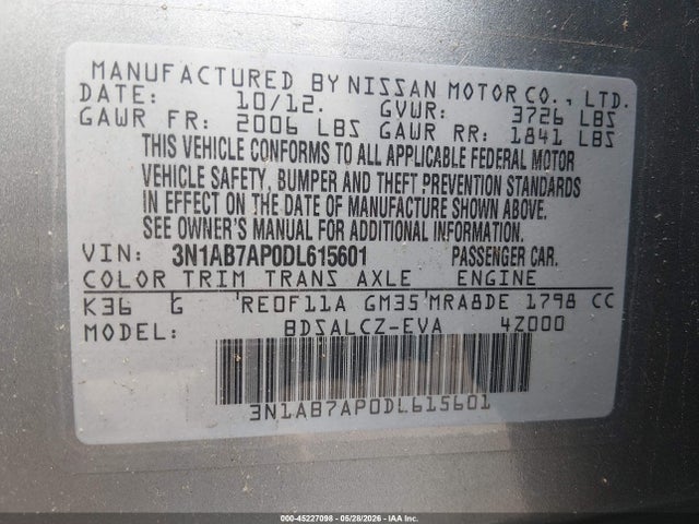 Aukcja sprzedaży 2013 Nissan Sentra S, vin: 3N1AB7AP0DL615601, numer aukcji: 45227098