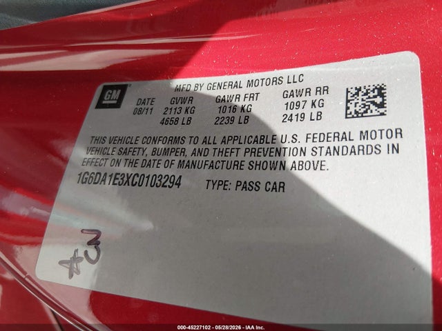 Продаж на аукціоні авто 2012 Cadillac Cts Standard, vin: 1G6DA1E3XC0103294, номер лоту: 45227102