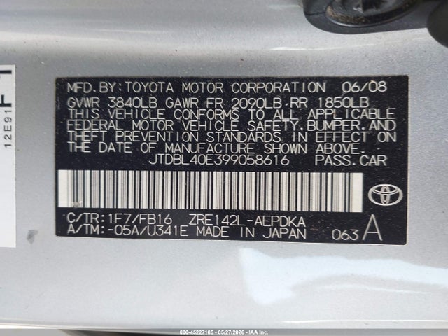 Продаж на аукціоні авто 2009 Toyota Corolla Le, vin: JTDBL40E399058616, номер лоту: 45227105