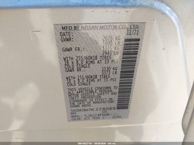 2022 Nissan Pathfinder Sv 2wd მანქანა იყიდება აუქციონზე, vin: 5N1DR3BA7NC228089, აუქციონის ნომერი: 45227107
