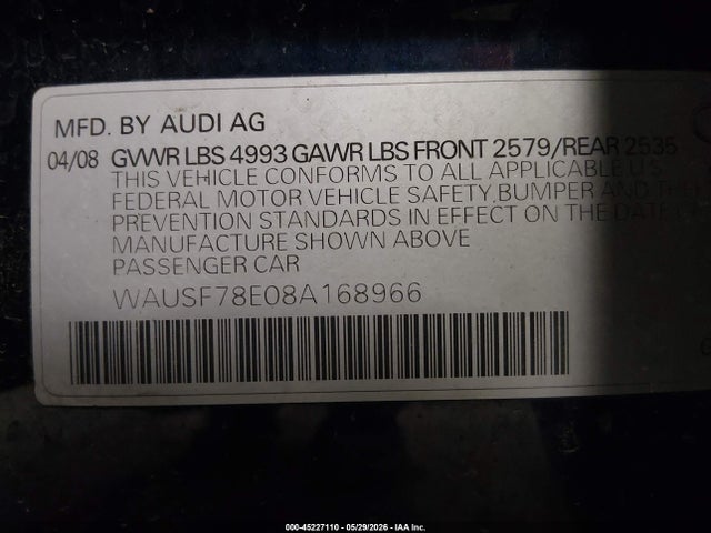 45227110 :رقم المزاد ، WAUSF78E08A168966 vin ، 2008 Audi A4 2.0t/2.0t Avant Special Edition مزاد بيع