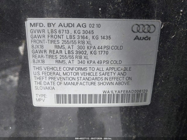 Продажа на аукционе авто 2010 Audi Q7 3.6 Premium, vin: WA1LYAFE8AD006129, номер лота: 45227112