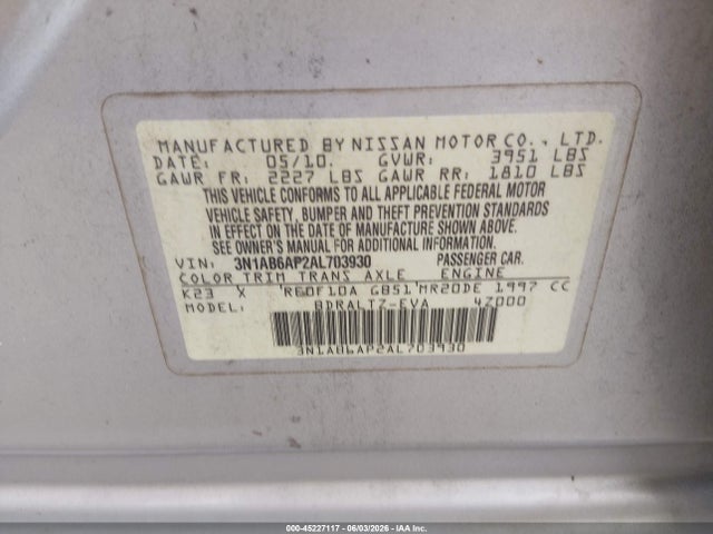 Aukcja sprzedaży 2010 Nissan Sentra 2.0sr, vin: 3N1AB6AP2AL703930, numer aukcji: 45227117
