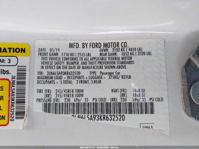 Aukcja sprzedaży 2019 Lincoln Mkz Standard, vin: 3LN6L5A93KR632520, numer aukcji: 45227123