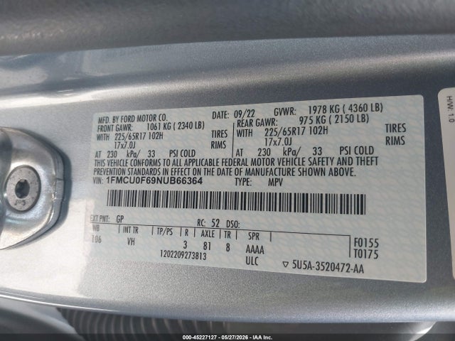 2022 Ford Escape S მანქანა იყიდება აუქციონზე, vin: 1FMCU0F69NUB66364, აუქციონის ნომერი: 45227127