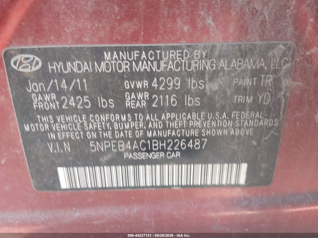 Продажа на аукционе авто 2011 Hyundai Sonata Gls, vin: 5NPEB4AC1BH226487, номер лота: 45227131