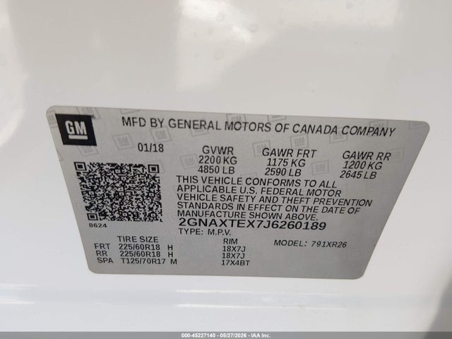 Aukcja sprzedaży 2018 Chevrolet Equinox Lt, vin: 2GNAXTEX7J6260189, numer aukcji: 45227140