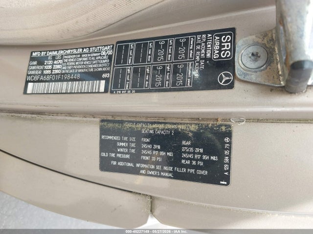 45227149 :رقم المزاد ، WDBFA68F01F198448 vin ، 2001 Mercedes-benz Sl 500 مزاد بيع