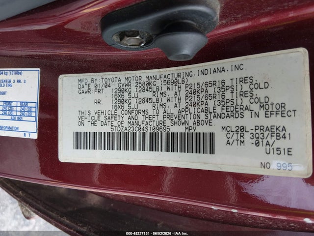 Aukcja sprzedaży 2004 Toyota Sienna Le, vin: 5TDZA23C04S109695, numer aukcji: 45227151