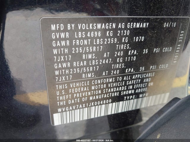 WVGAV7AX1JK004800 Volkswagen Tiguan Limited 2.0t