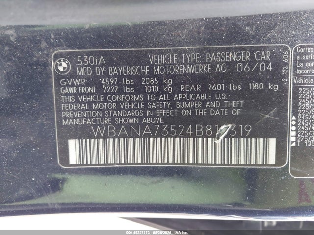 Продаж на аукціоні авто 2004 Bmw 530i, vin: WBANA73524B810319, номер лоту: 45227173