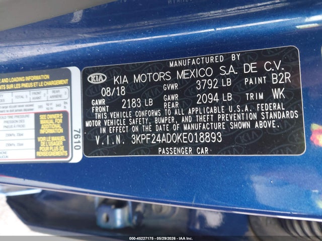 Продажа на аукционе авто 2019 Kia Forte Lxs, vin: 3KPF24AD0KE018893, номер лота: 45227175