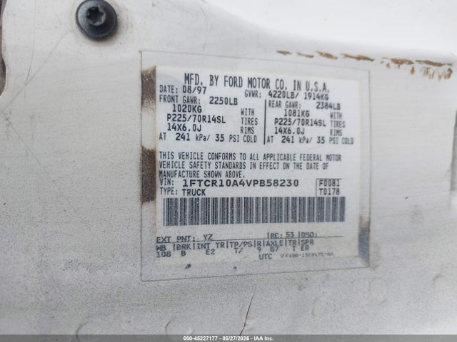 1997 Ford Ranger Splash/xl/xlt მანქანა იყიდება აუქციონზე, vin: 1FTCR10A4VPB58230, აუქციონის ნომერი: 45227177
