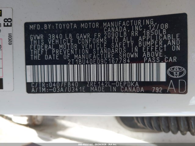 Продажа на аукционе авто 2009 Toyota Corolla Le, vin: 2T1BU40E09C167784, номер лота: 45227181