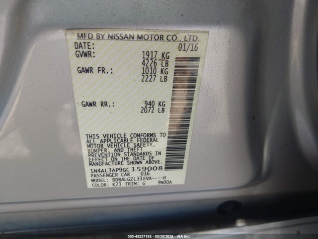 Aukcja sprzedaży 2016 Nissan Altima 2.5 S, vin: 1N4AL3AP9GC159008, numer aukcji: 45227188
