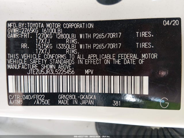 2020 Toyota 4runner Sr5 მანქანა იყიდება აუქციონზე, vin: JTEZU5JR3L5225456, აუქციონის ნომერი: 45227189