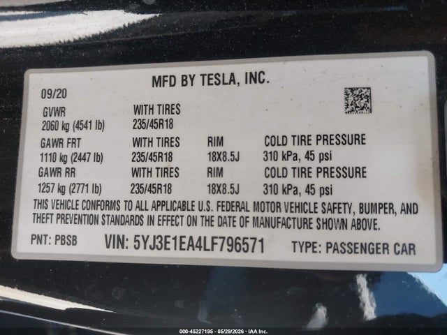 Aukcja sprzedaży 2020 Tesla Model 3 Standard Range Plus Rear-wheel Drive/standard Range Rear-wheel Drive, vin: 5YJ3E1EA4LF796571, numer aukcji: 45227195