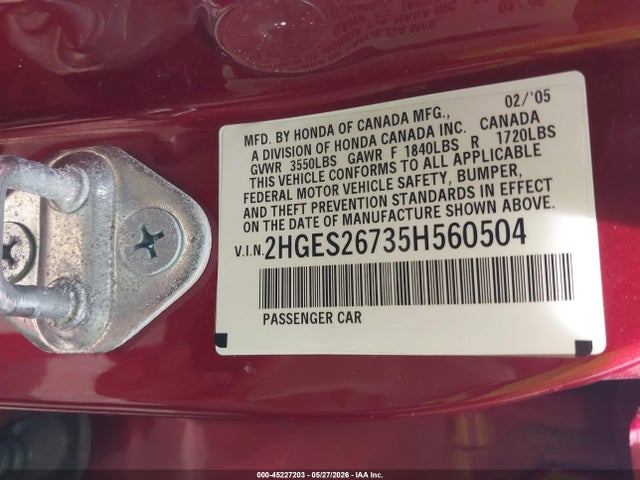 Aukcja sprzedaży 2005 Honda Civic Ex, vin: 2HGES26735H560504, numer aukcji: 45227203