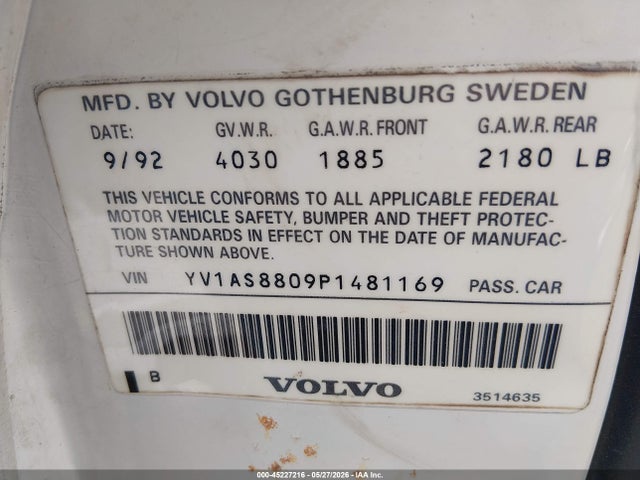 1993 Volvo 240 მანქანა იყიდება აუქციონზე, vin: YV1AS8809P1481169, აუქციონის ნომერი: 45227216