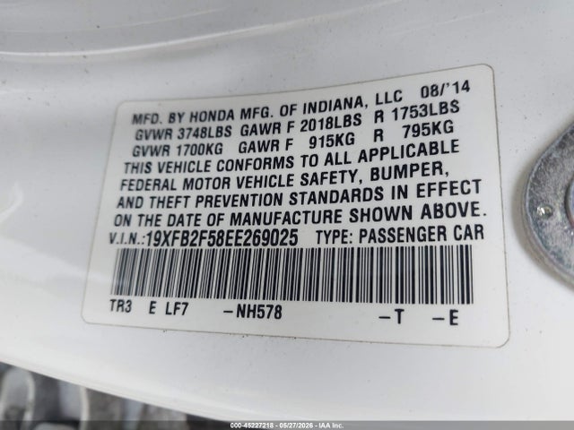 2014 Honda Civic Lx მანქანა იყიდება აუქციონზე, vin: 19XFB2F58EE269025, აუქციონის ნომერი: 45227218