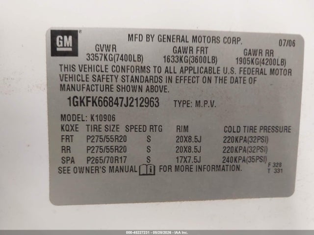 Продаж на аукціоні авто 2007 Gmc Yukon Xl 1500 Denali, vin: 1GKFK66847J212963, номер лоту: 45227231