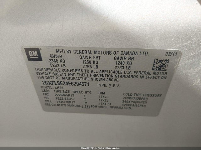 2014 Gmc Terrain Slt-1 მანქანა იყიდება აუქციონზე, vin: 2GKFLSE34E6294571, აუქციონის ნომერი: 45227232